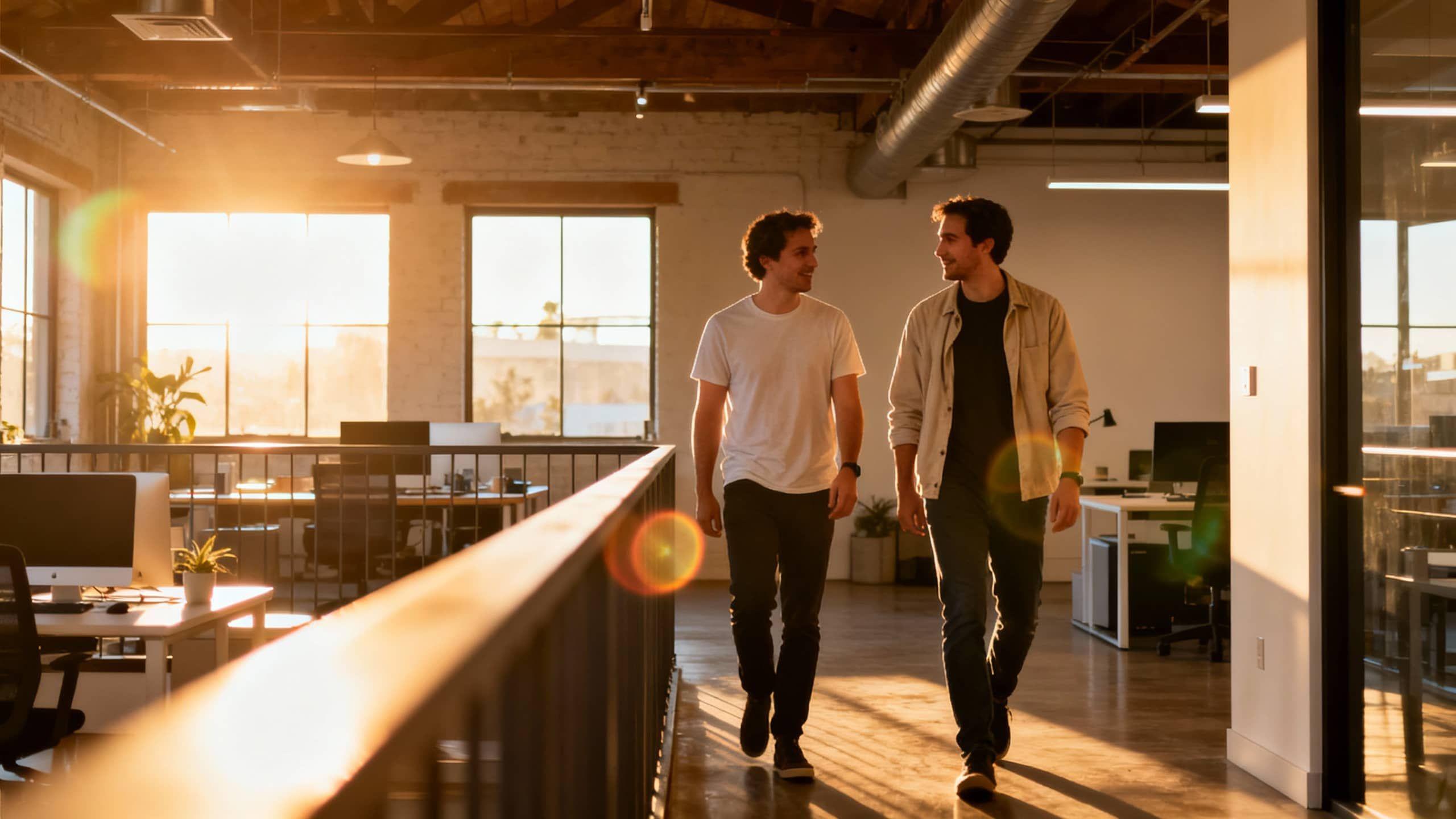Colleagues walking and talking in a modern office with the sunset in the background