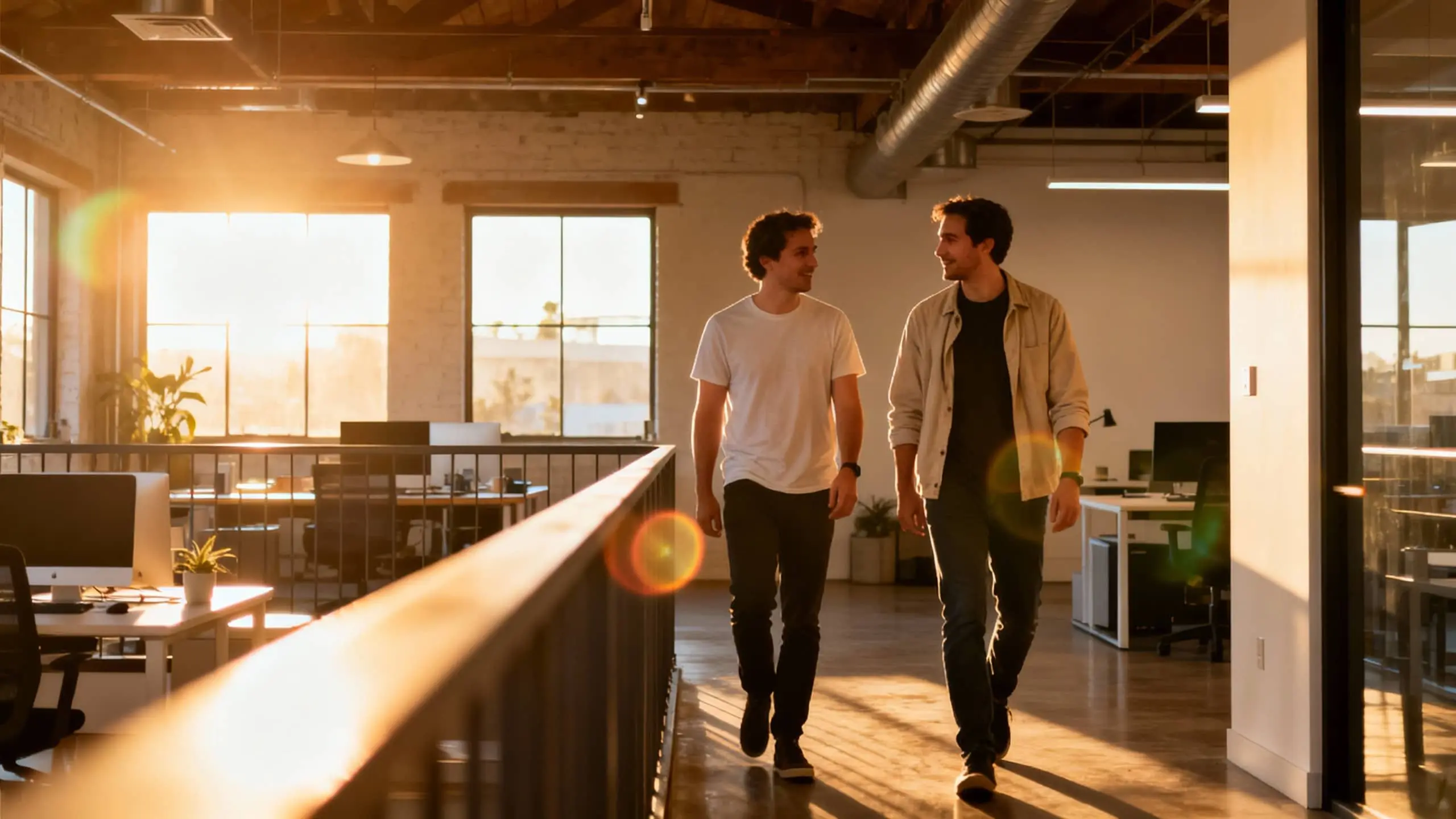 Colleagues walking and talking in a modern office with the sunset in the background
