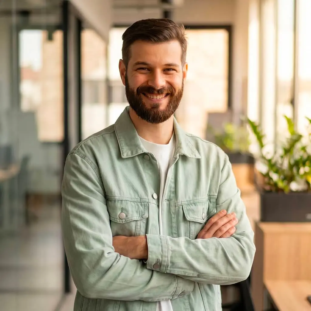 Friendly bearded man smiling in a sage green denim jacket with arms crossed in a modern office workspace