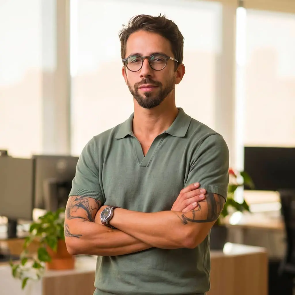 Professional man with glasses, beard and arm tattoos wearing a green polo shirt in a modern office