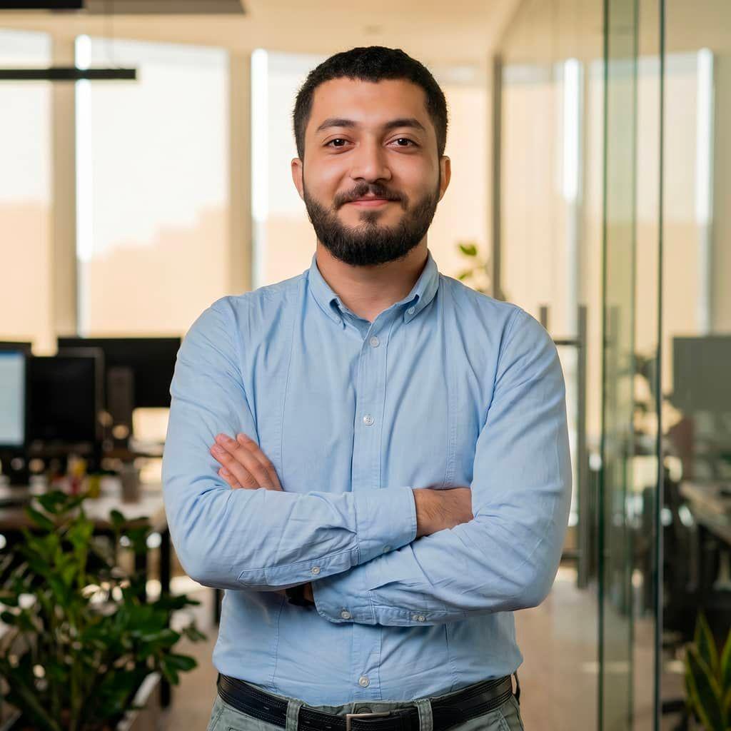 Confident bearded businessman in a light blue shirt with arms crossed in a modern glass-walled office