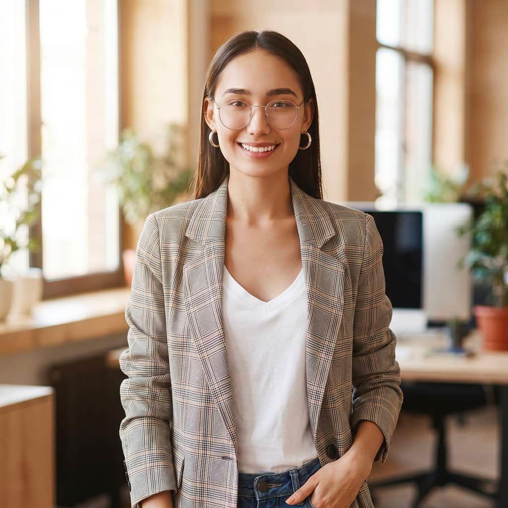 Smiling young professional businesswoman wearing glasses and a plaid blazer standing in a bright modern office