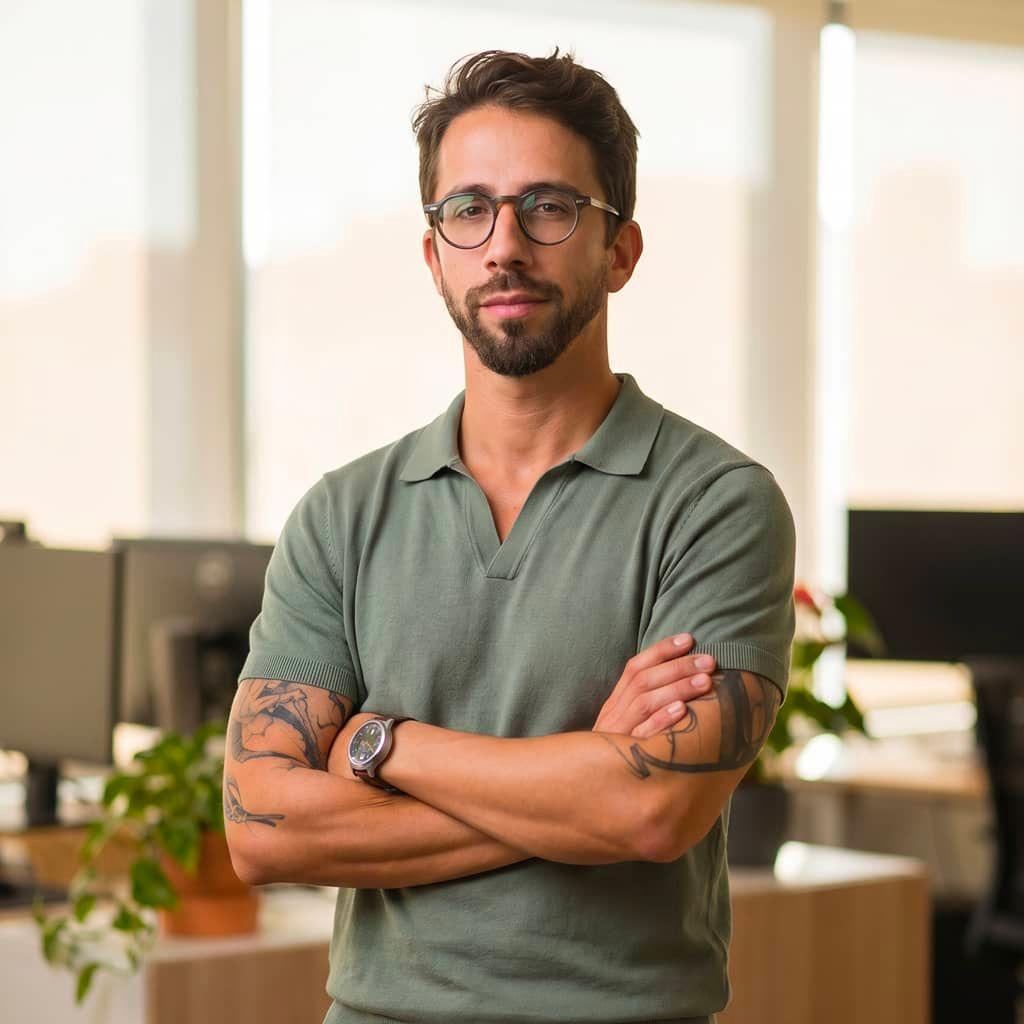 Professional man with glasses, beard and arm tattoos wearing a green polo shirt in a modern office